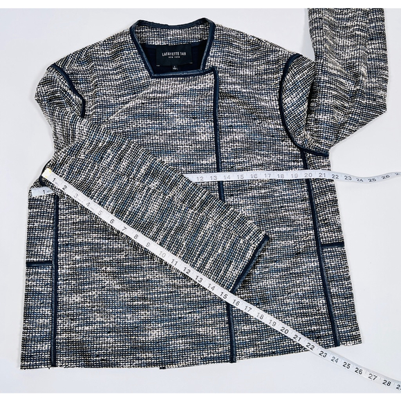 Lafayette 148 New York Woman’s Blazer Blue White Jacket, Size L Leather Trim - Picture 8 of 16